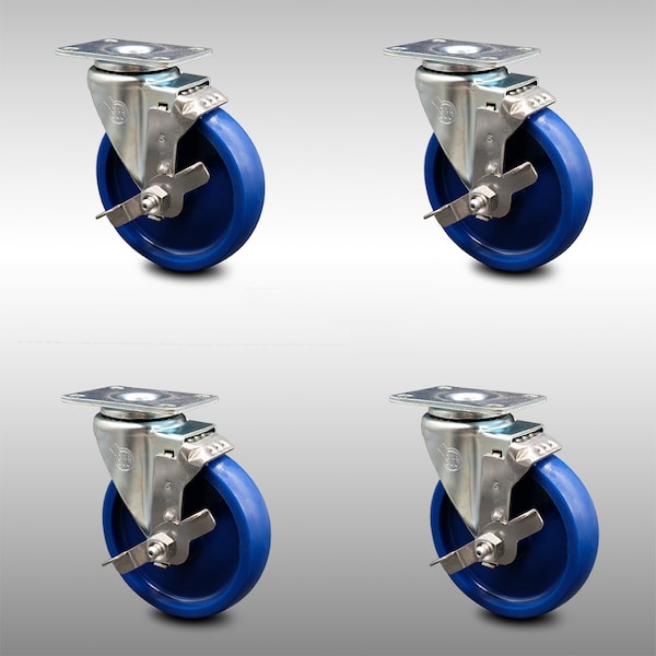 5 Inch SS Solid Polyurethane Swivel Top Plate Caster Set with Brake SCC